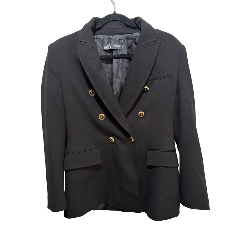 Zara Blazer Coat Lined Double Breasted Peak Lapel Black Size Medium